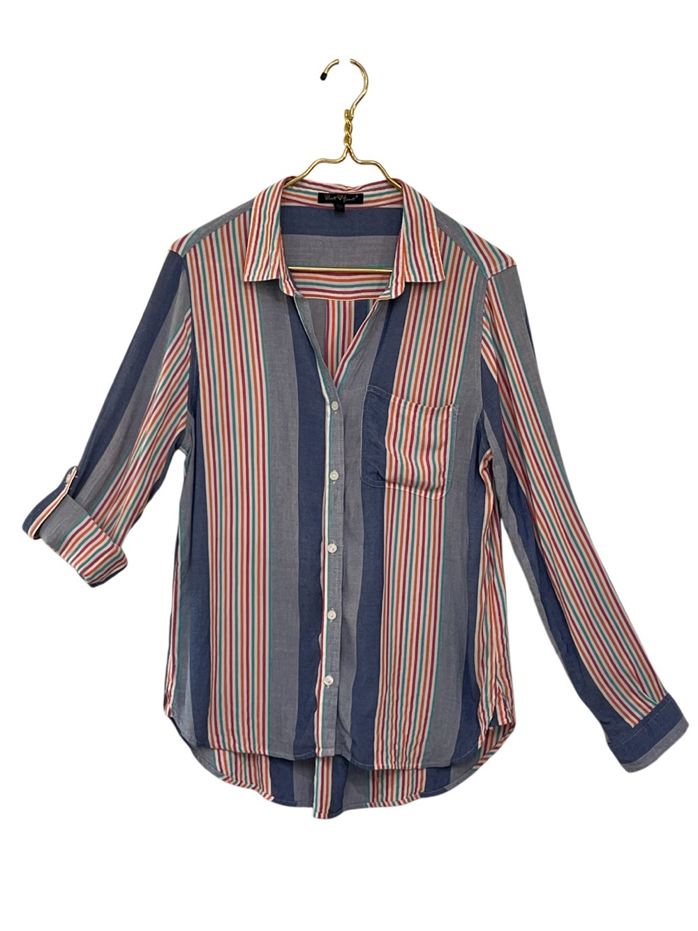 Velvet Heart Striped Rayon Button Down Shirt Roll Tab Sleeves Size L